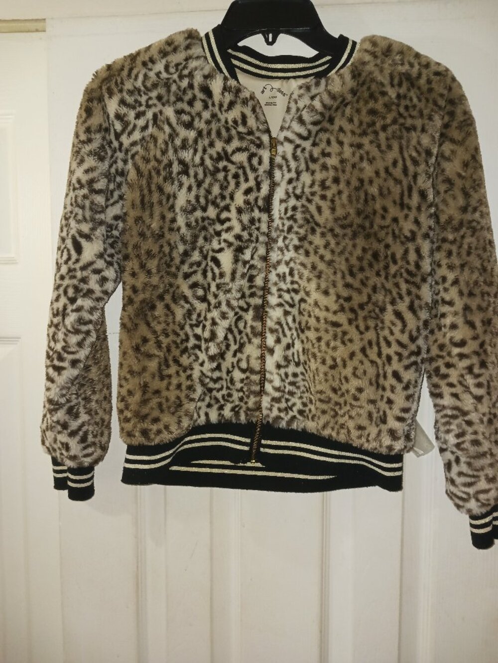 Art Class Girls Faux Fur Leopard Print Bomber Jacket Size Large 10/12 Trendy Zip